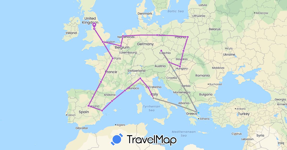 TravelMap itinerary: driving, plane, train, boat in Austria, Belgium, Czech Republic, Germany, Spain, France, United Kingdom, Greece, Hungary, Italy, Netherlands, Poland (Europe)
